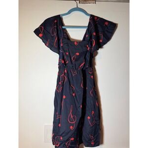 Navy Blue Red Musical Note Print Flutter Sleeve Fit & Flare Dress Square Neck